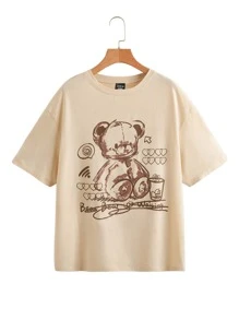 Flirla Plus Bear And Letter Graphic Drop Shoulder Tee Graphic Tees Women Tops - Apricot - View 1