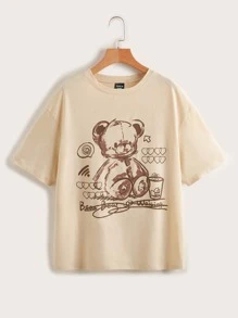 Flirla Plus Bear And Letter Graphic Drop Shoulder Tee Graphic Tees Women Tops - Apricot - View 5