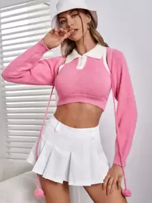 SHEIN Pompom Knot Front Shrug Cardigan & Contrast Polo Neck Crop Knit Top - Pink - View 4