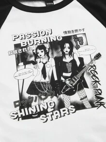 SHEIN EZwear Plus Figure & Letter Graphic Raglan Sleeve Tee - Black and White - View 3