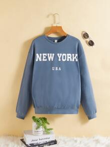 SHEIN 青少年女孩字母圖案落肩袖套頭衫 - 霧霾藍 - 查看 1