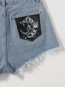 Comfortcana Sun & Moon Print Denim Shorts - Light Grey - View 4