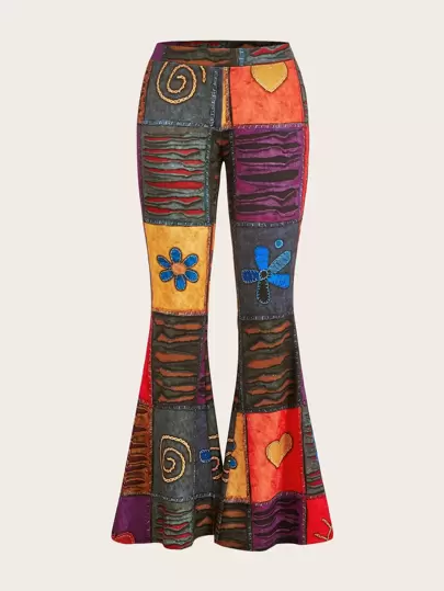 ROMWE PUNK Grunge Patchwork Print Flare Leg Pants