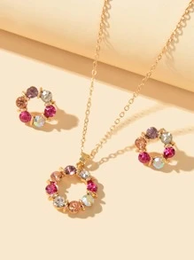 3pcs/Set Elegant Colorful Cubic Zirconia Flower Pendant Necklace And Earrings Jewelry Set, Wedding/Engagement - Yellow Gold - View 1