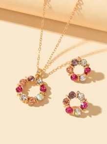 3pcs/Set Elegant Colorful Cubic Zirconia Flower Pendant Necklace And Earrings Jewelry Set, Wedding/Engagement - Yellow Gold - View 2