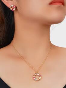 3pcs/Set Elegant Colorful Cubic Zirconia Flower Pendant Necklace And Earrings Jewelry Set, Wedding/Engagement - Yellow Gold - View 4