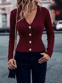 SHEIN LUNE Cárdigan tejido de cable con botón delantero