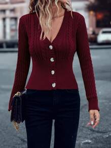SHEIN LUNE Cárdigan tejido de cable con botón delantero