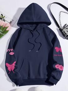 SHEIN Coolane Plus Size Butterfly & Slogan Graphic Drawstring Thermal Sweatshirt - Navy Blue - View 2