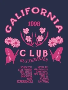 SHEIN Coolane Plus Size Butterfly & Slogan Graphic Drawstring Thermal Sweatshirt - Navy Blue - View 7