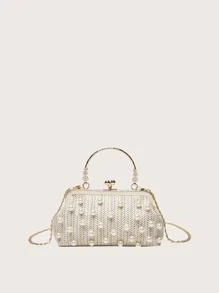 Faux Pearl Decor Kiss Lock Chain Straw Bag - White - View 1
