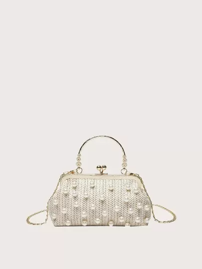 人造珍珠裝飾吻鎖鏈條草編包