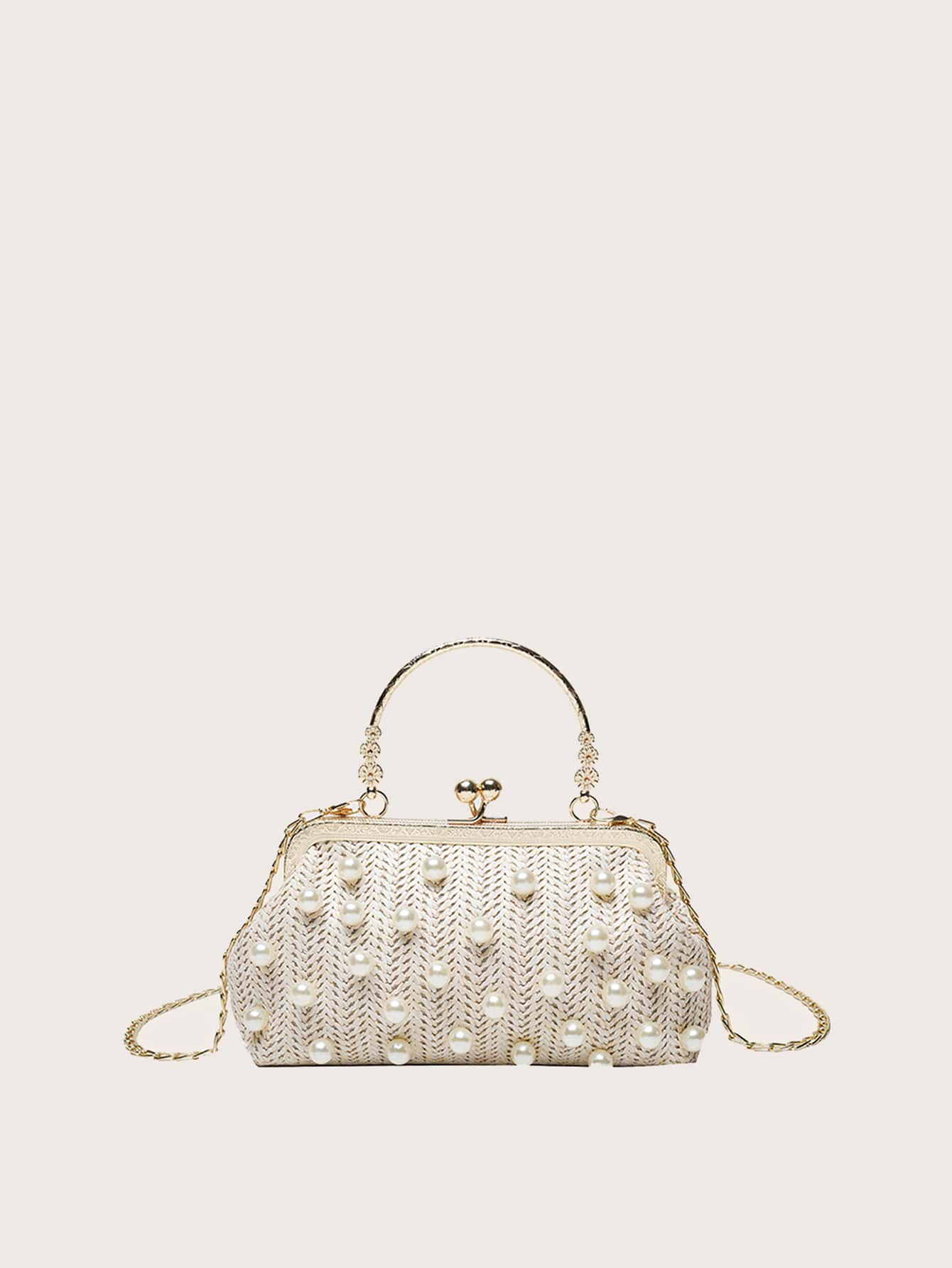 Faux Pearl Decor Kiss Lock Chain Straw Bag - White - View 1