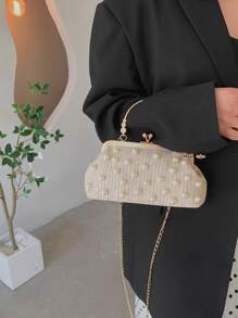 Faux Pearl Decor Kiss Lock Chain Straw Bag - White - View 2