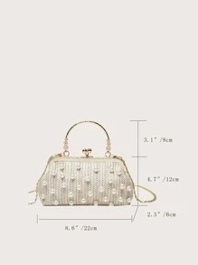 Faux Pearl Decor Kiss Lock Chain Straw Bag - White - View 3