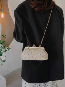 Faux Pearl Decor Kiss Lock Chain Straw Bag - White - View 4