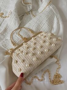 Faux Pearl Decor Kiss Lock Chain Straw Bag - White - View 6