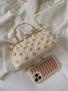 Faux Pearl Decor Kiss Lock Chain Straw Bag - White - View 7