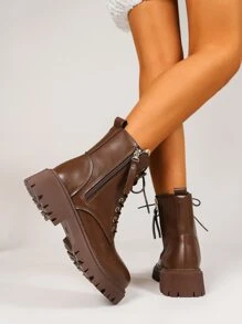 Women's Fashionable Combat Boots In Solid Color With Lace-up, Front Zipper And Side Buckles - Brown - View 2