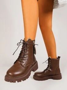 Women's Fashionable Combat Boots In Solid Color With Lace-up, Front Zipper And Side Buckles - Brown - View 3