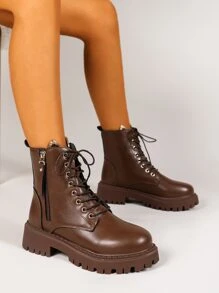 Women's Fashionable Combat Boots In Solid Color With Lace-up, Front Zipper And Side Buckles - Brown - View 4