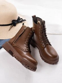 Women's Fashionable Combat Boots In Solid Color With Lace-up, Front Zipper And Side Buckles - Brown - View 5