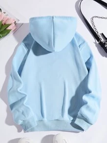 INAWLY Plus Size Kangaroo Pocket Drawstring Thermal Sweatshirt, For Winter - Baby Blue - View 2
