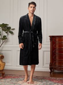 Hombres Bata con doble bolsillo con cinturón franela - Negro - Ver 1