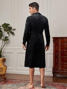 Hombres Bata con doble bolsillo con cinturón franela - Negro - Ver 2