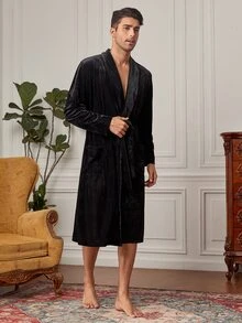 Hombres Bata con doble bolsillo con cinturón franela - Negro - Ver 3