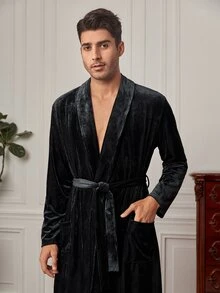 Hombres Bata con doble bolsillo con cinturón franela - Negro - Ver 4