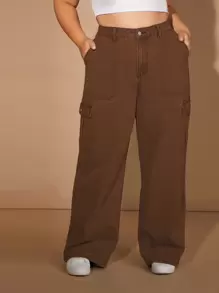 SHEIN EZwear 大碼高腰側翻蓋口袋工裝牛仔褲 - 咖啡棕 - 查看 1