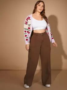 SHEIN EZwear 大碼高腰側翻蓋口袋工裝牛仔褲 - 咖啡棕 - 查看 3