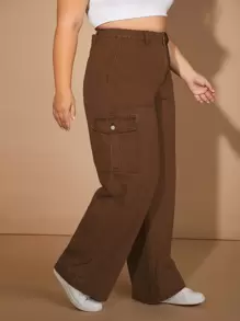 SHEIN EZwear 大碼高腰側翻蓋口袋工裝牛仔褲 - 咖啡棕 - 查看 4