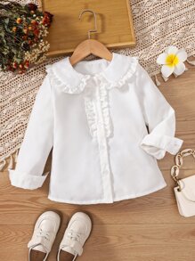 年輕女孩荷葉邊飾peter Pan領襯衫 - 白色 - 查看 1