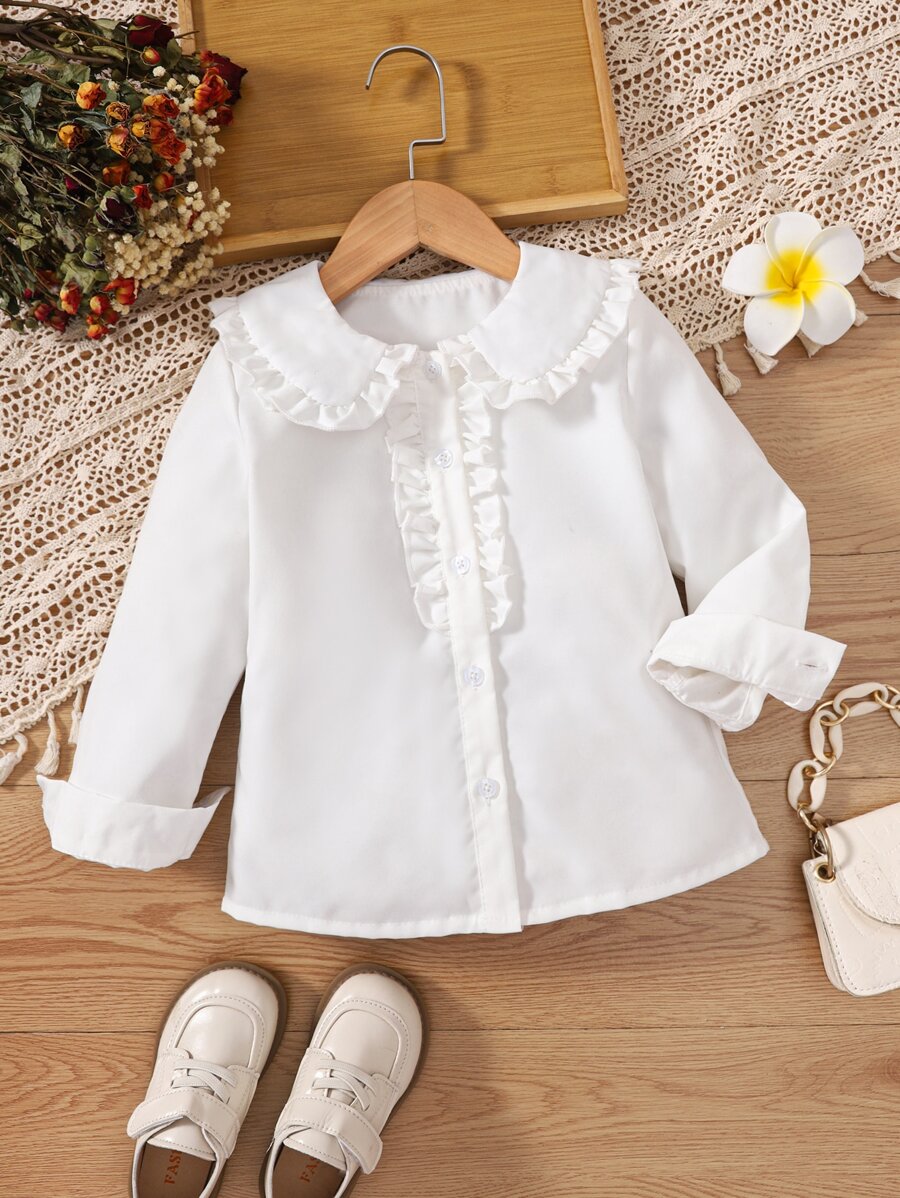 年輕女孩荷葉邊飾peter Pan領襯衫 - 白色 - 查看 1