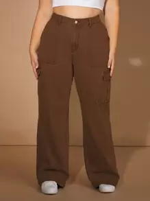 SHEIN EZwear 大碼高腰側翻蓋口袋工裝牛仔褲 - 咖啡棕 - 查看 5