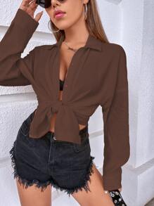 SHEIN Holidaya 素色落肩袖襯衫 - 咖啡棕 - 查看 3