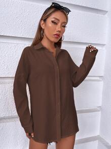 SHEIN Holidaya 素色落肩袖襯衫 - 咖啡棕 - 查看 5