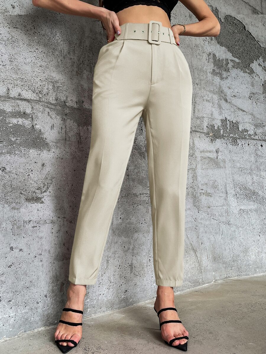 GENKIRA Casual Solid High Waist Belted Tapered Pants Fall Cloth For Women - Beige - View 1