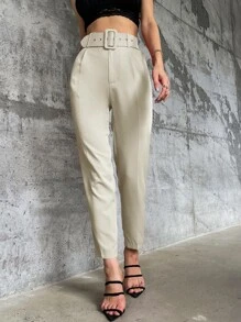 GENKIRA Casual Solid High Waist Belted Tapered Pants Fall Cloth For Women - Beige - View 4