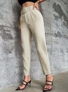 GENKIRA Casual Solid High Waist Belted Tapered Pants Fall Cloth For Women - Beige - View 5