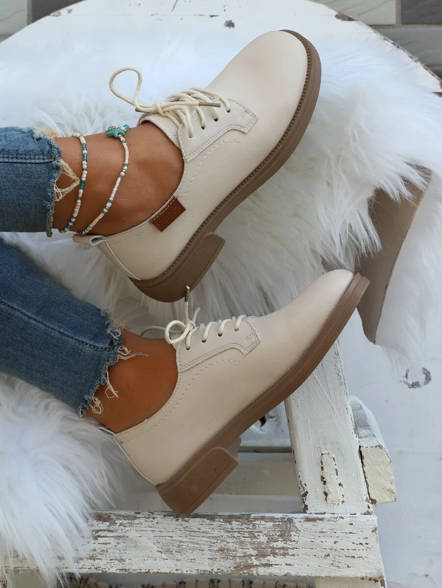 Lace-up Front Oxford Flats - Beige - View 1