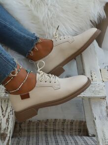 Lace-up Front Oxford Flats - Beige - View 3