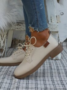 Lace-up Front Oxford Flats - Beige - View 4