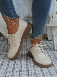 Lace-up Front Oxford Flats - Beige - View 5
