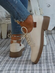 Lace-up Front Oxford Flats - Beige - View 6