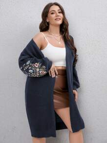 SHEIN LUNE 大碼花卉刺繡落肩袖開襟開衫 - 藏蓝色 - 查看 3