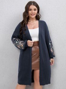 SHEIN LUNE 大碼花卉刺繡落肩袖開襟開衫 - 藏蓝色 - 查看 4