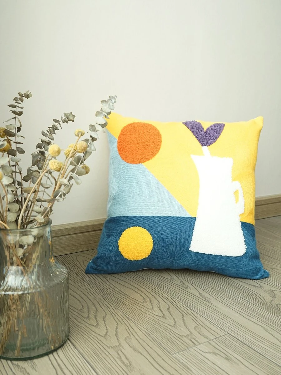 Round Embroidered Cushion Cover Without Filler - Multicolor - View 1